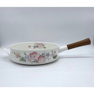 Vintage Cookware w/Floral Enamel Frying Pan With Wooden Handle